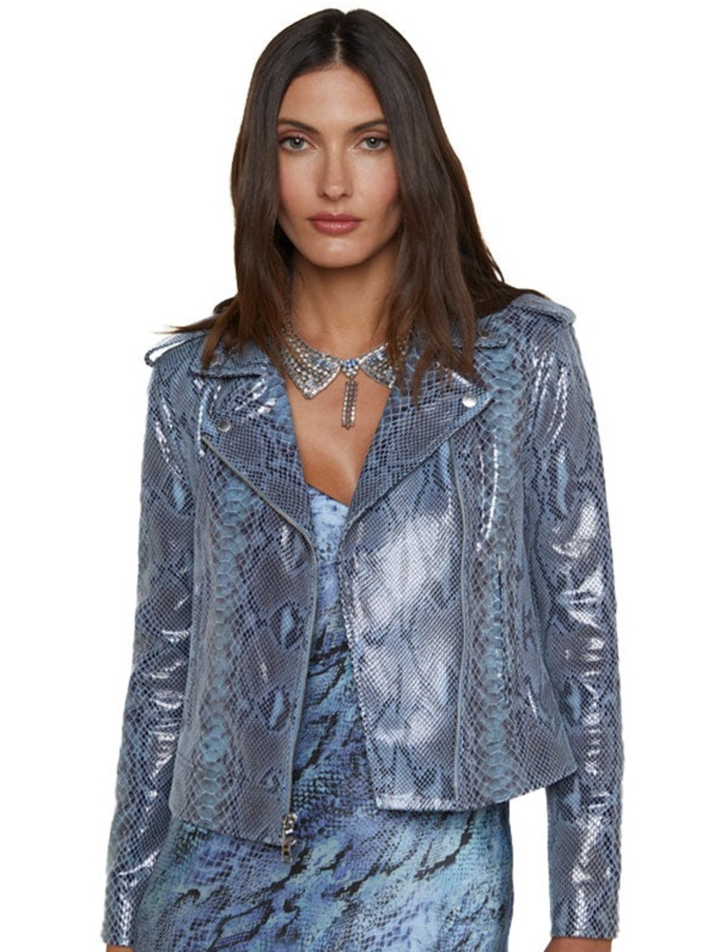 L’Agence Leather Snakeskin Print Jacket